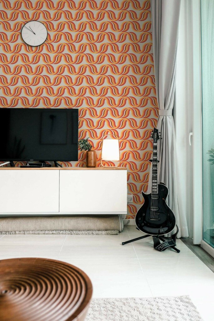 Scandinavian style music room decorated with Retro wave peel and stick wallpaper