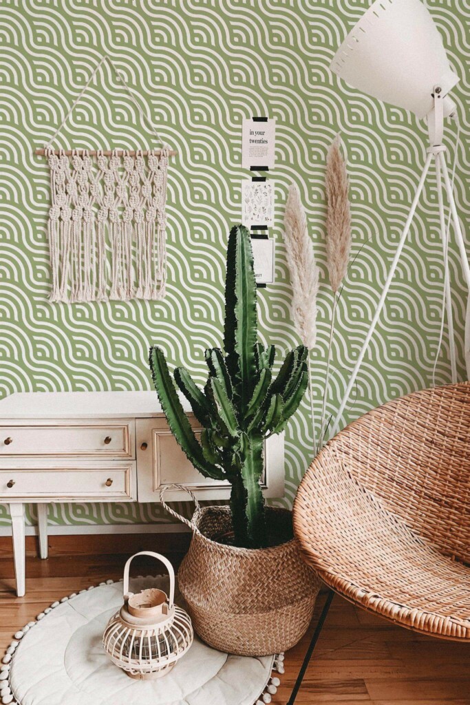Bohemian style living room decorated with Retro waves peel and stick wallpaper