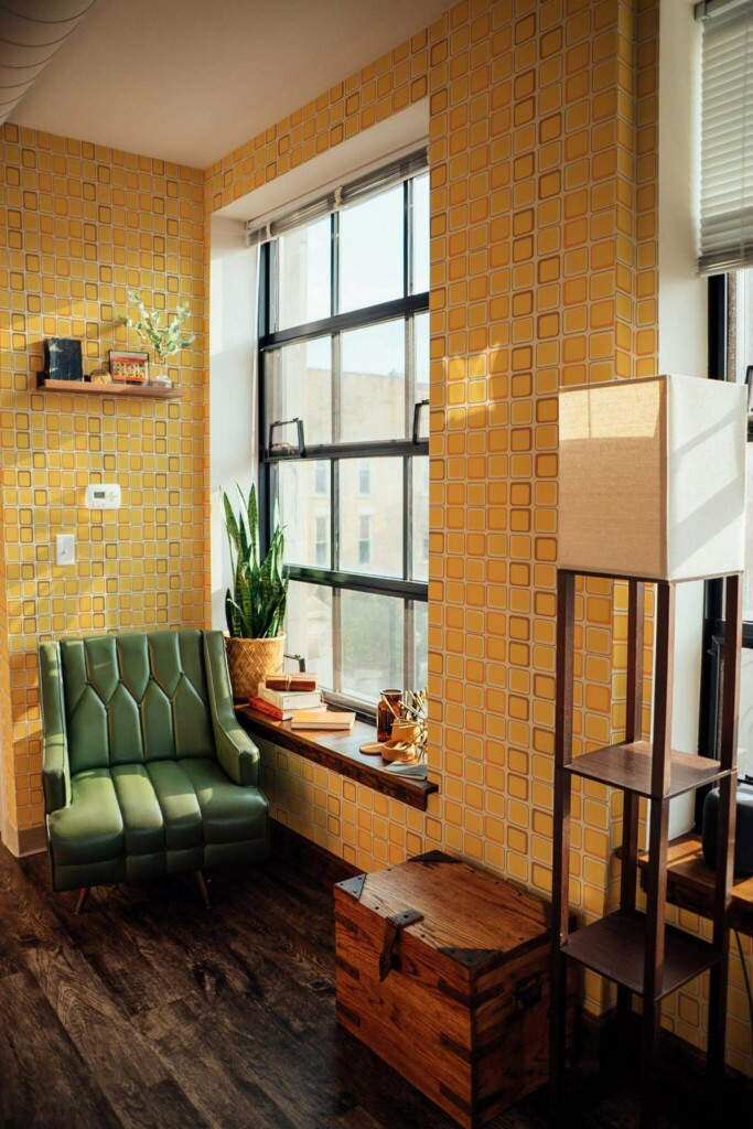Mid-century style living room decorated with Retro yellow peel and stick wallpaper