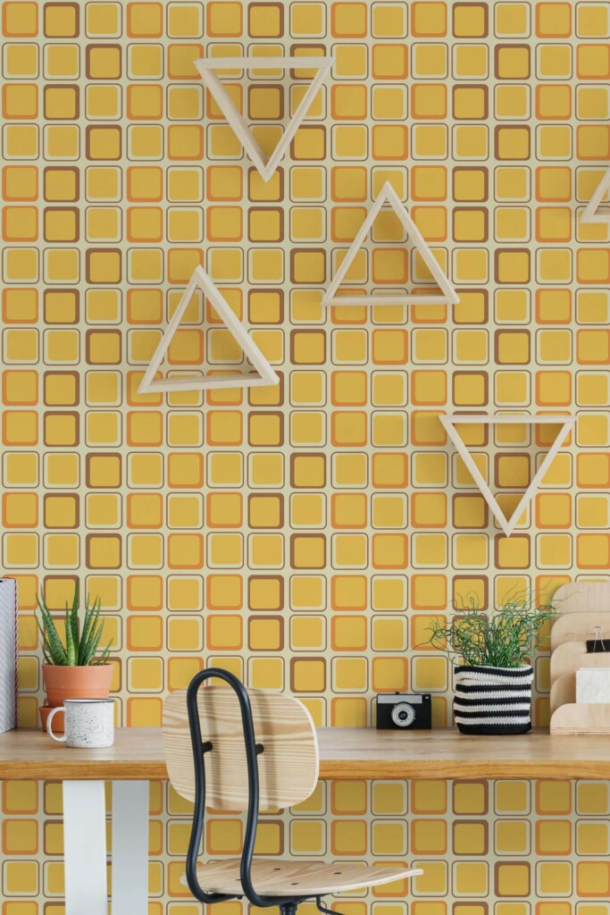 Scandinavian style home office decorated with Retro yellow peel and stick wallpaper