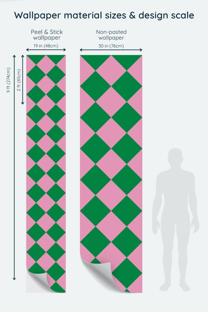 Size comparison of Rhombus Peel & Stick and Non-pasted wallpapers with design scale relative to human figure