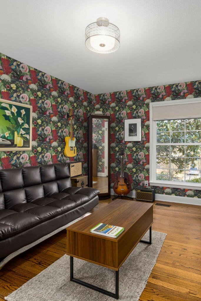 Mid-century style living room decorated with Rich meadow peel and stick wallpaper and music instruments