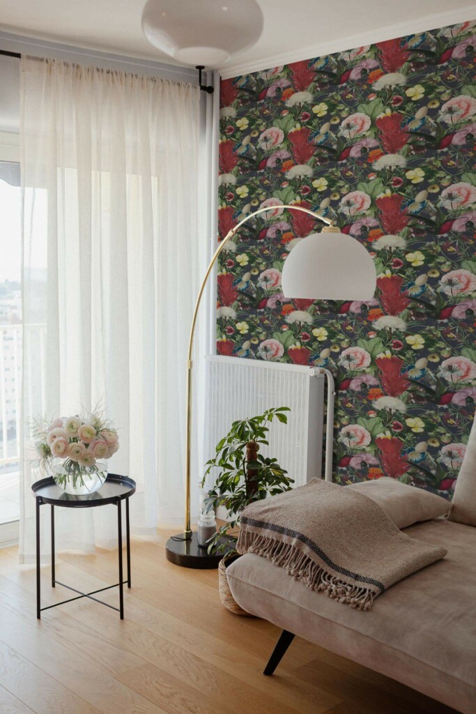 Bohemian Scandinavian style living room decorated with Rich meadow peel and stick wallpaper
