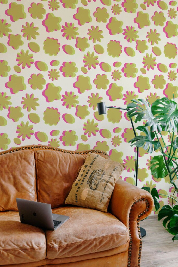 Mid-century modern style living room decorated with Risograph effect peel and stick wallpaper