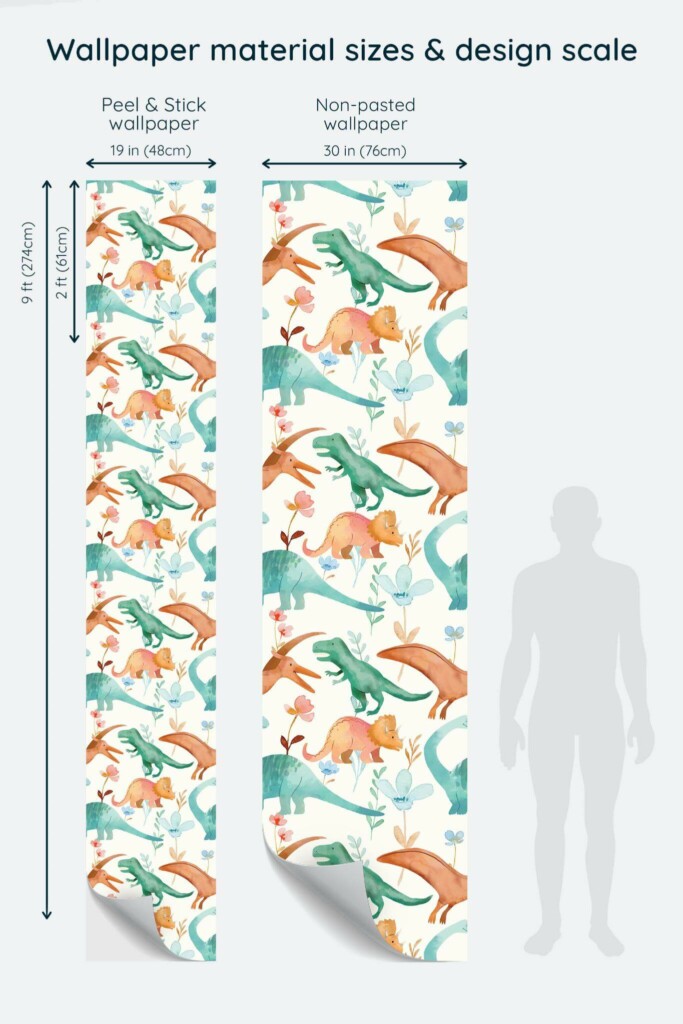 Size comparison of Roar Dinosaur Peel & Stick and Non-pasted wallpapers with design scale relative to human figure