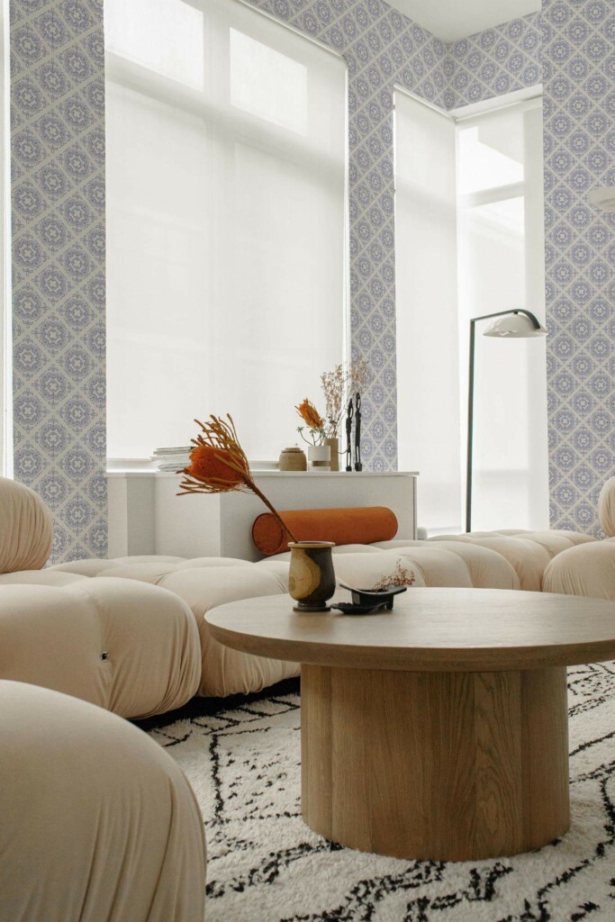 Contemporary style living room decorated with Romantic Tile peel and stick wallpaper