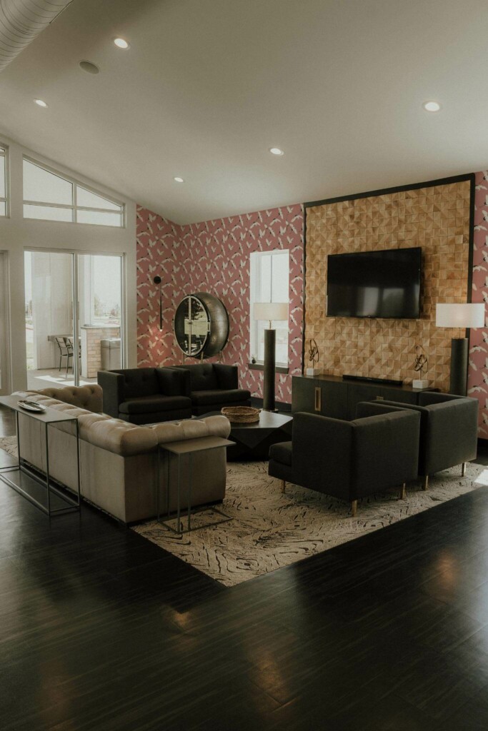 Hollywood glam style living room decorated with Rose crane peel and stick wallpaper