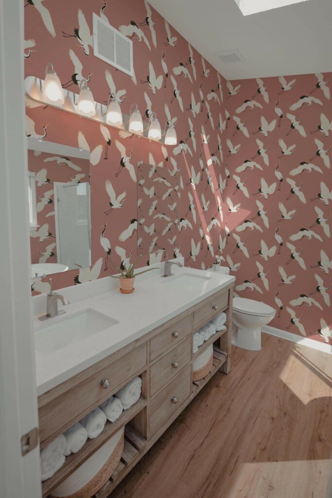 Modern farmhouse style powder room decorated with Rose crane peel and stick wallpaper