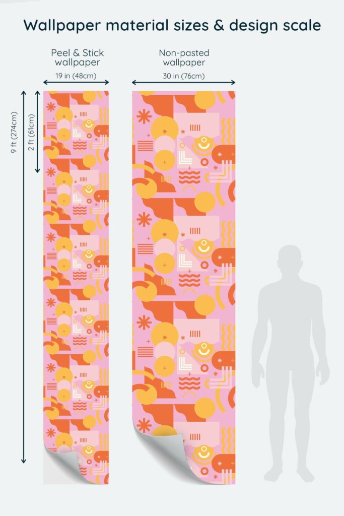 Size comparison of Roseate Geometric Essence Peel & Stick and Non-pasted wallpapers with design scale relative to human figure