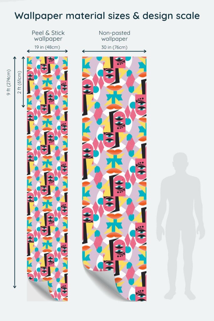 Size comparison of Rosy Cheeks Abstract Peel & Stick and Non-pasted wallpapers with design scale relative to human figure