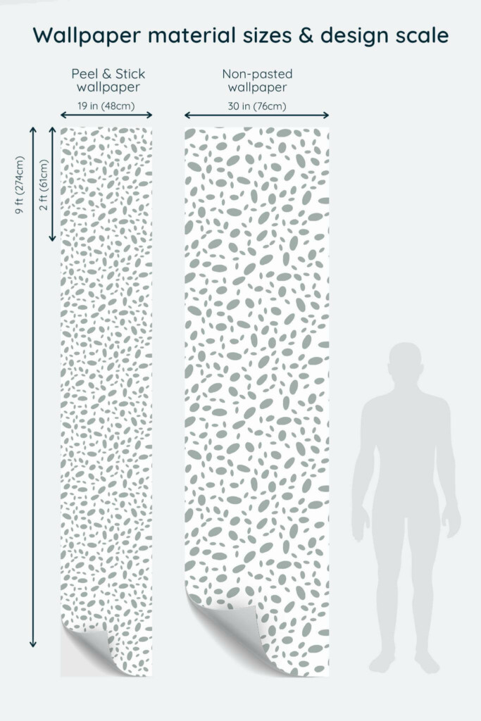 Size comparison of Round terrazzo Peel & Stick and Non-pasted wallpapers with design scale relative to human figure
