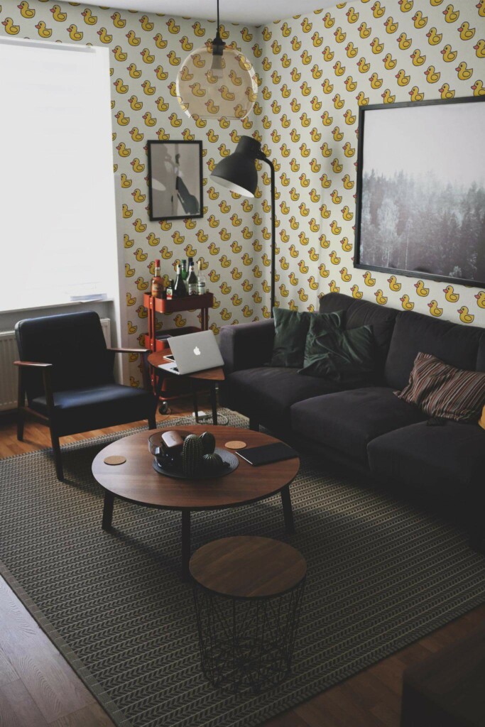 Modern dark industrial style living room decorated with Rubber duck peel and stick wallpaper