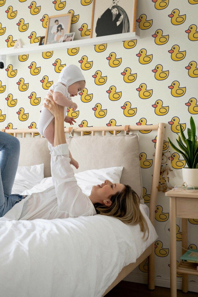 Neutral style nursery decorated with Rubber duck peel and stick wallpaper