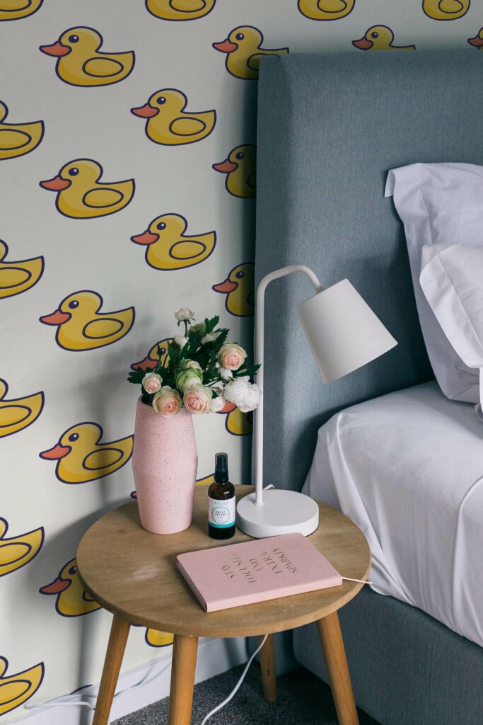 Rustic style bedroom decorated with Rubber duck peel and stick wallpaper