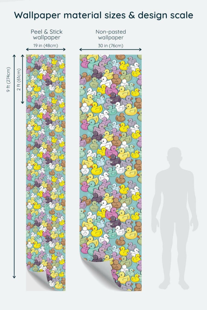 Size comparison of Rubber duck Peel & Stick and Non-pasted wallpapers with design scale relative to human figure