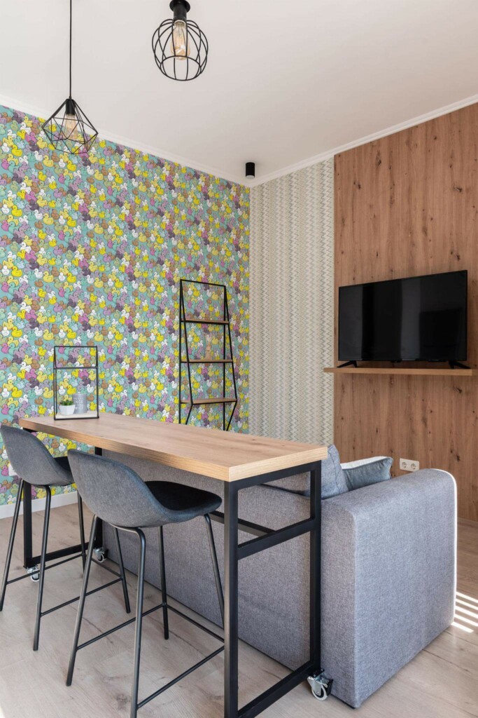 Scandinavian style open living room decorated with Rubber ducks peel and stick wallpaper