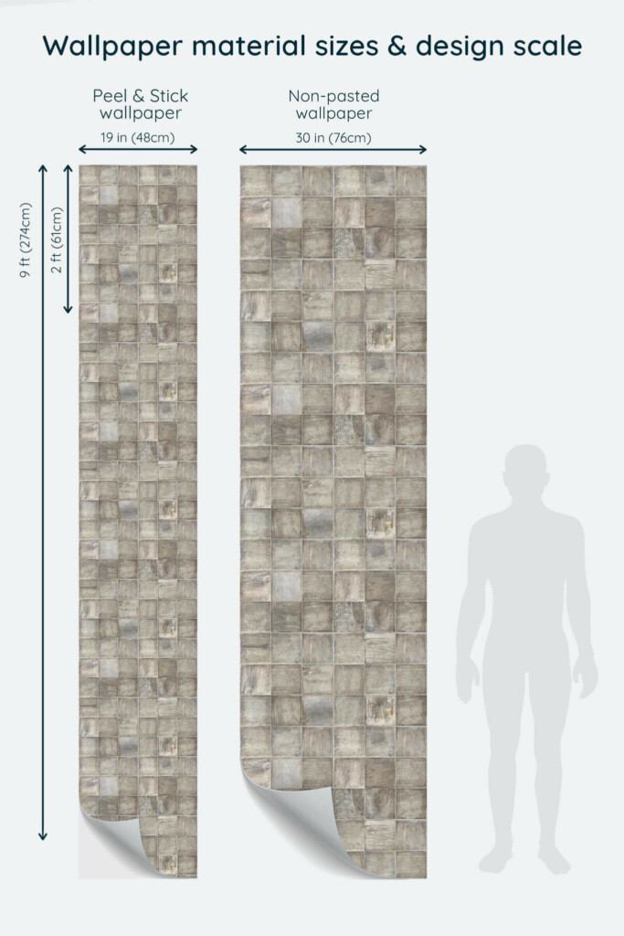 Size comparison of Rustic faux tile Peel & Stick and Non-pasted wallpapers with design scale relative to human figure