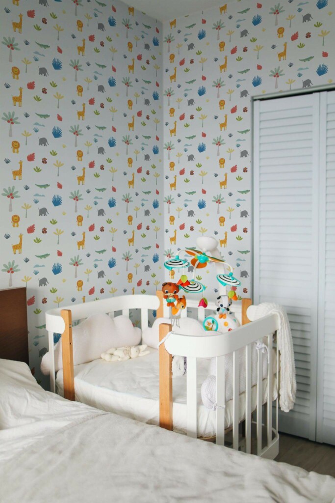 Scandinavian style nursery decorated with Safari animals peel and stick wallpaper