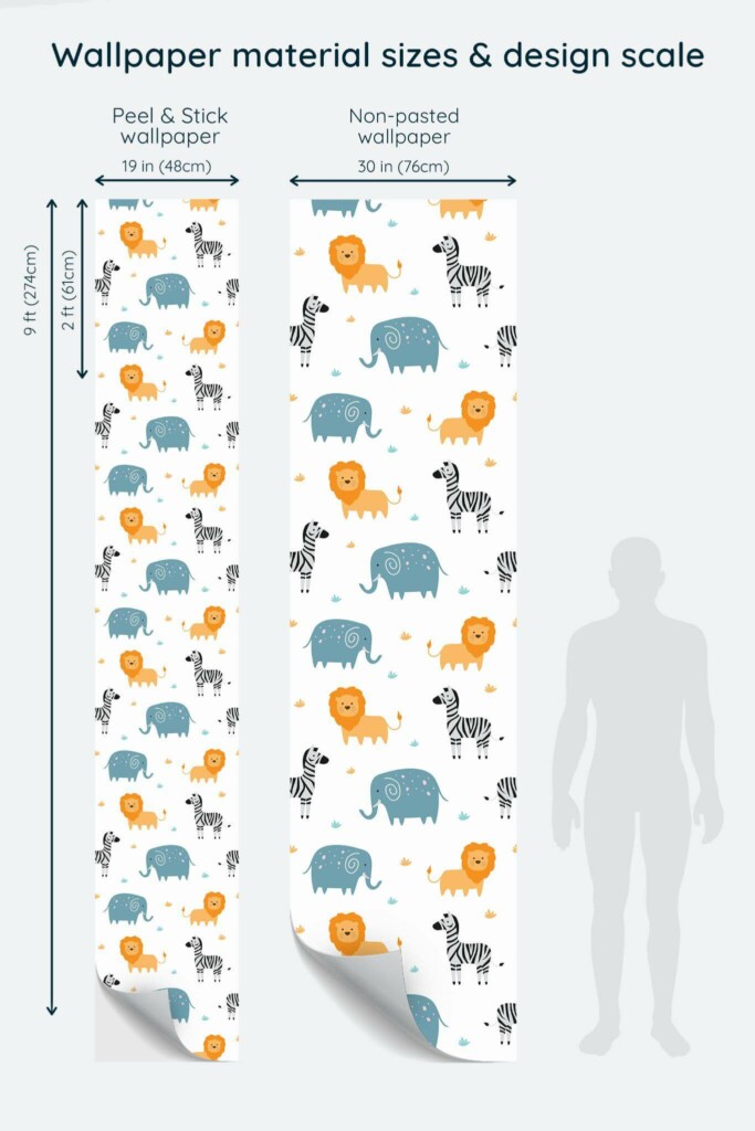 Size comparison of Safari animals theme Peel & Stick and Non-pasted wallpapers with design scale relative to human figure