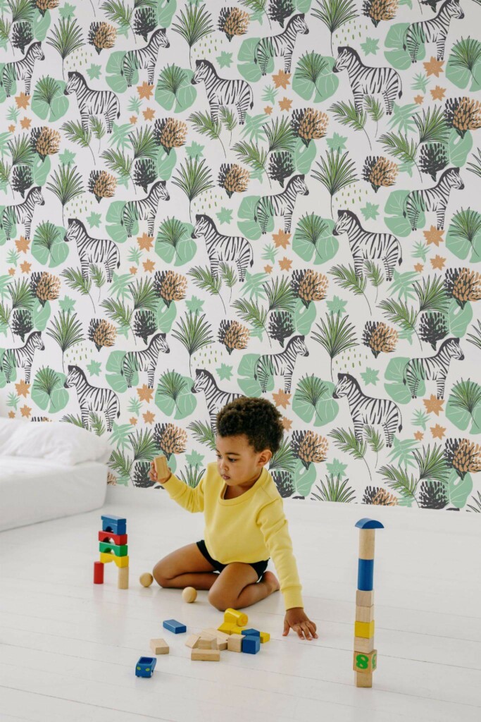 Minimal scandinavian style kids room decorated with Safari nursery peel and stick wallpaper