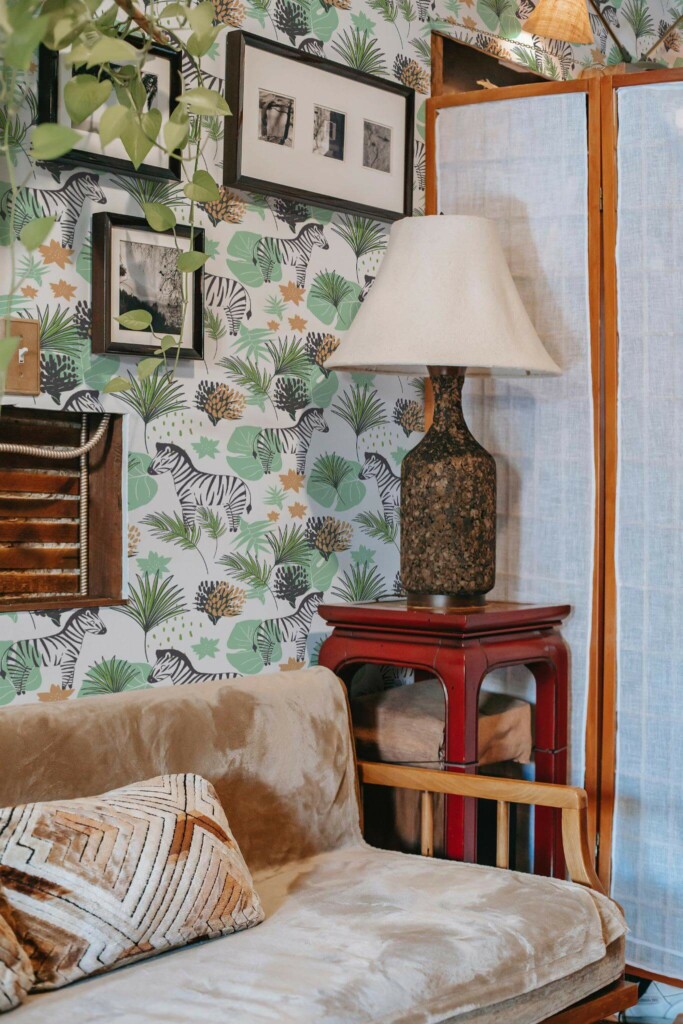 Southwestern style living room decorated with Safari nursery peel and stick wallpaper