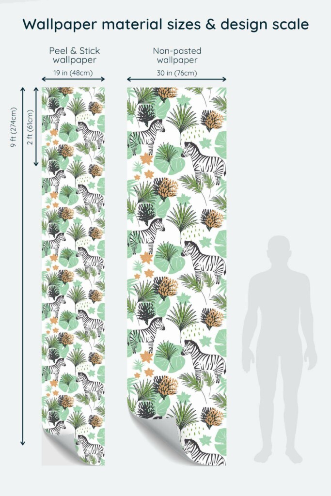Size comparison of Safari nursery Peel & Stick and Non-pasted wallpapers with design scale relative to human figure