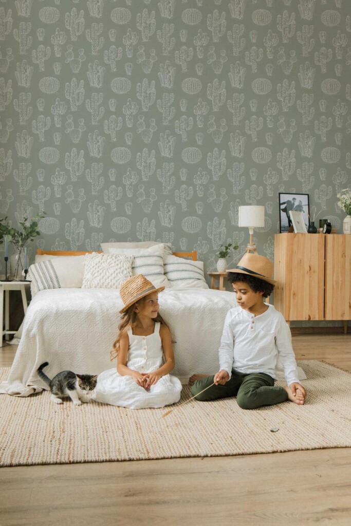 Fancy Walls desert cactus traditional wallpaper in soft sage green