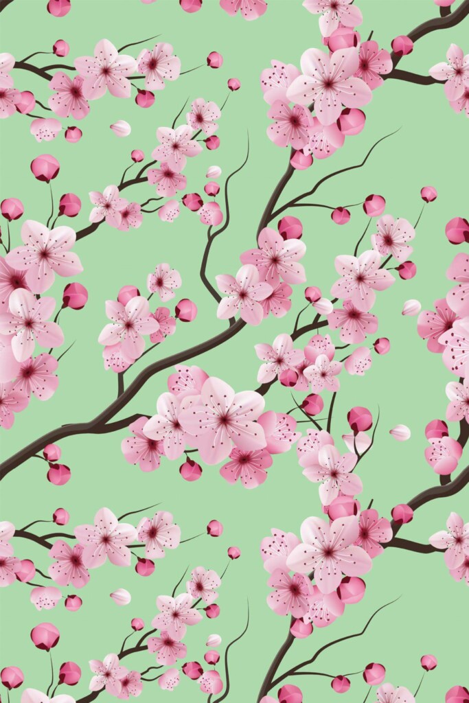 Pattern repeat of Sage cherry blossom removable wallpaper design