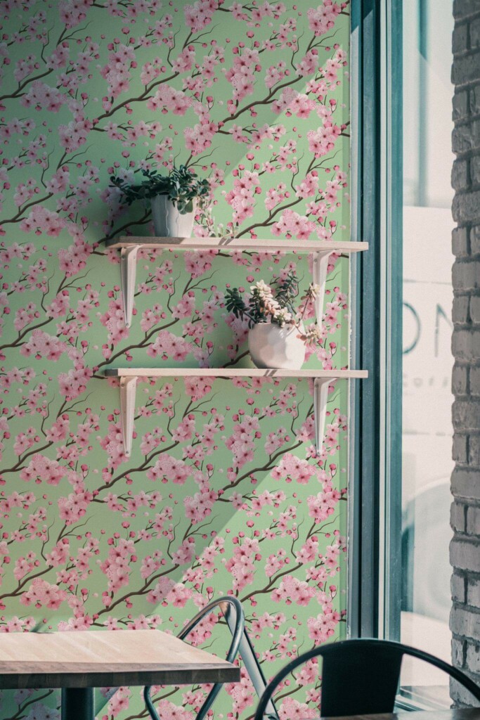 Industrial style cafe decorated with Sage cherry blossom peel and stick wallpaper