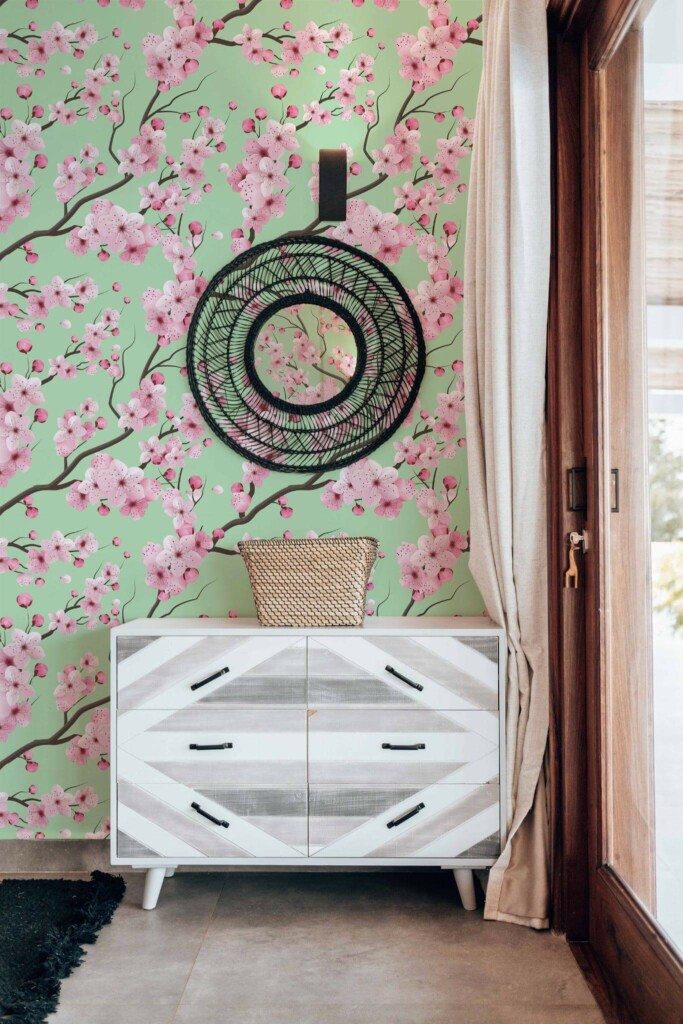 Modern farmhouse style living room decorated with Sage cherry blossom peel and stick wallpaper