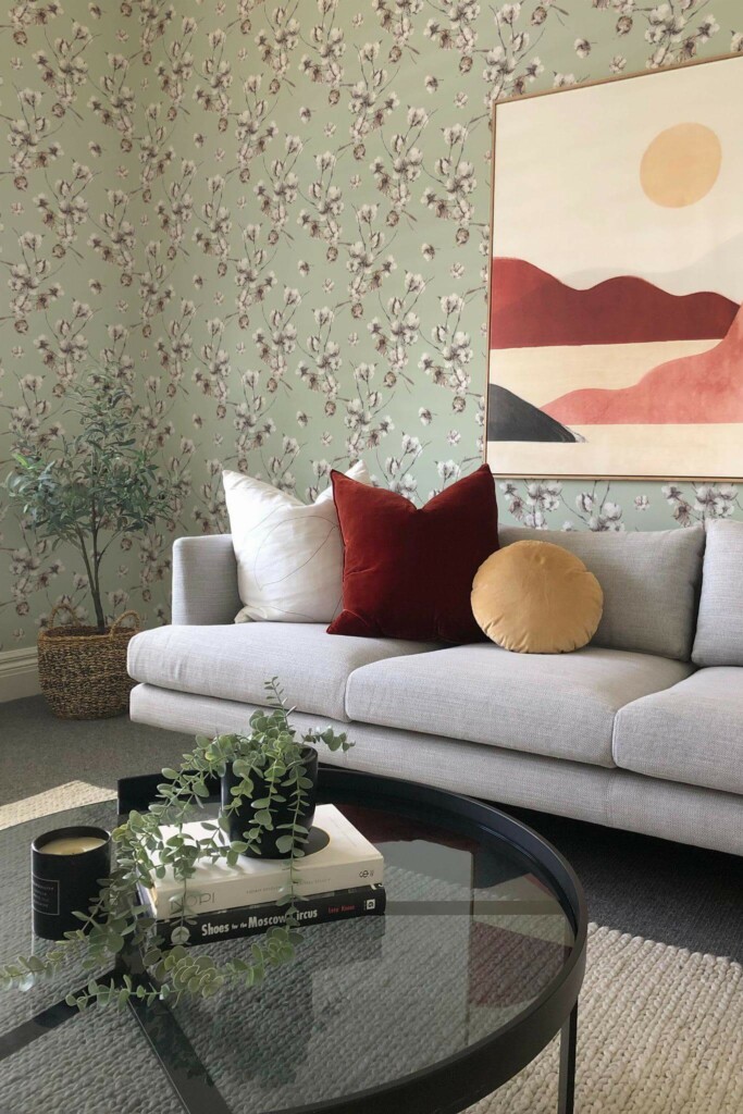 Boho style living room decorated with Sage cotton peel and stick wallpaper