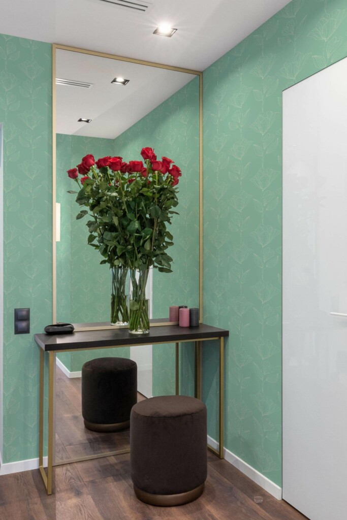 Minimal modern style powder room in a hallway decorated with Sage floral powder room peel and stick wallpaper