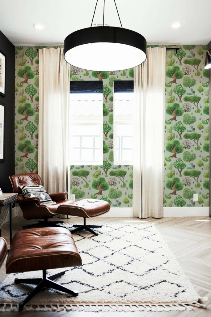 MId-century modern style living room decorated with Sage forest peel and stick wallpaper