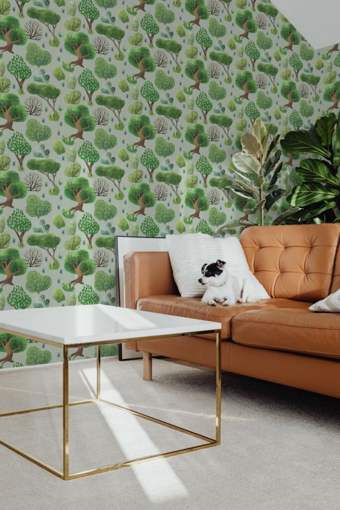 Mid-century modern style living room with dog on a sofa decorated with Sage forest peel and stick wallpaper