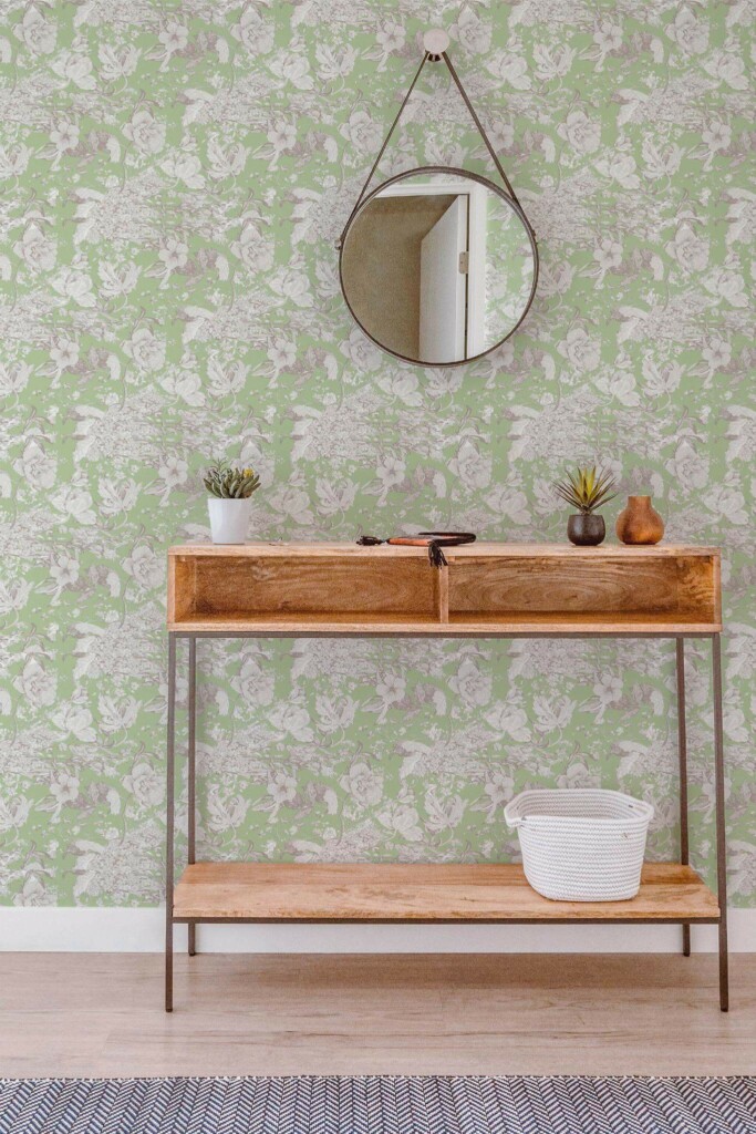 Contemporary style entryway decorated with Sage garden peel and stick wallpaper