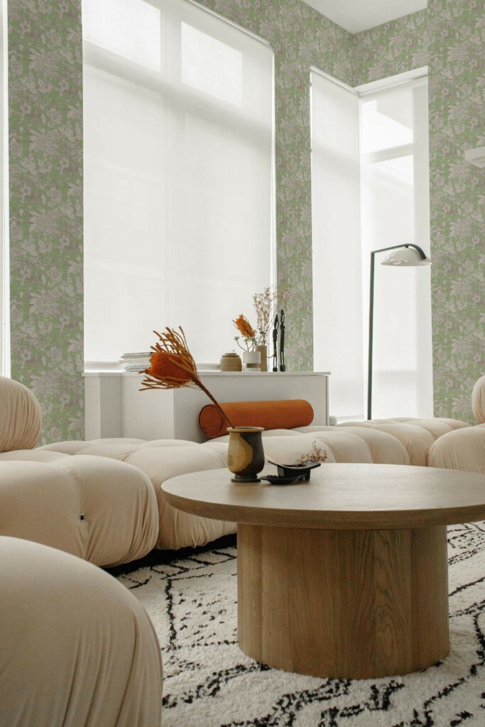 Contemporary style living room decorated with Sage garden peel and stick wallpaper