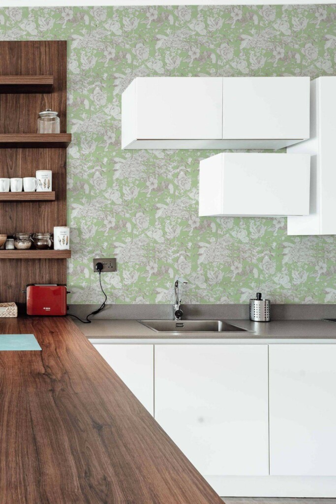 Rustic Scandinavian style kitchen decorated with Sage garden peel and stick wallpaper