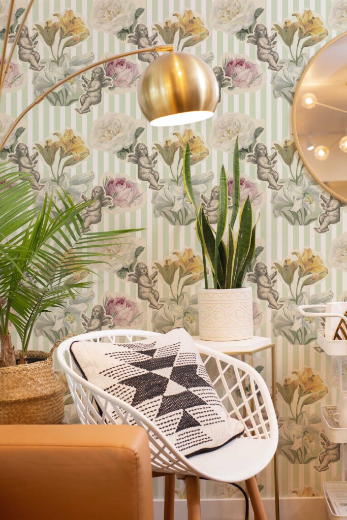 Removable wallpaper in sage green striped floral angel design by Fancy Walls