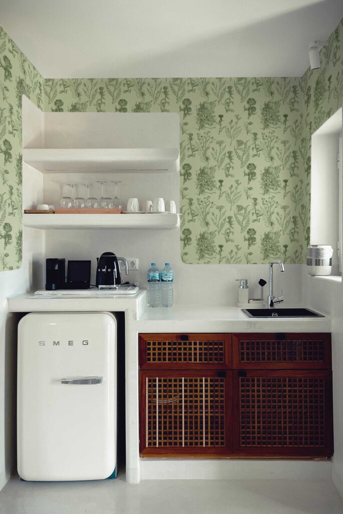 Fancy Walls removable wallpaper with sage green floral botanical pattern for kitchen walls