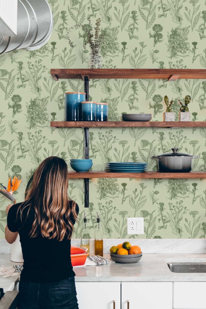 Fancy Walls self-adhesive wallpaper in sage green floral botanical design for kitchen walls
