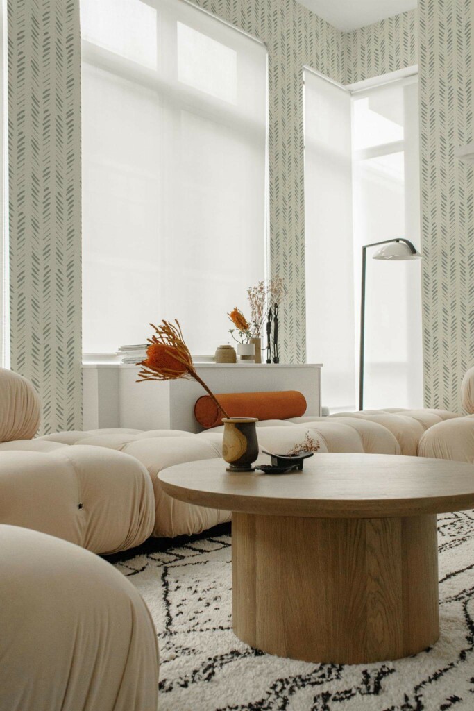 Contemporary style living room decorated with Sage green herringbone peel and stick wallpaper