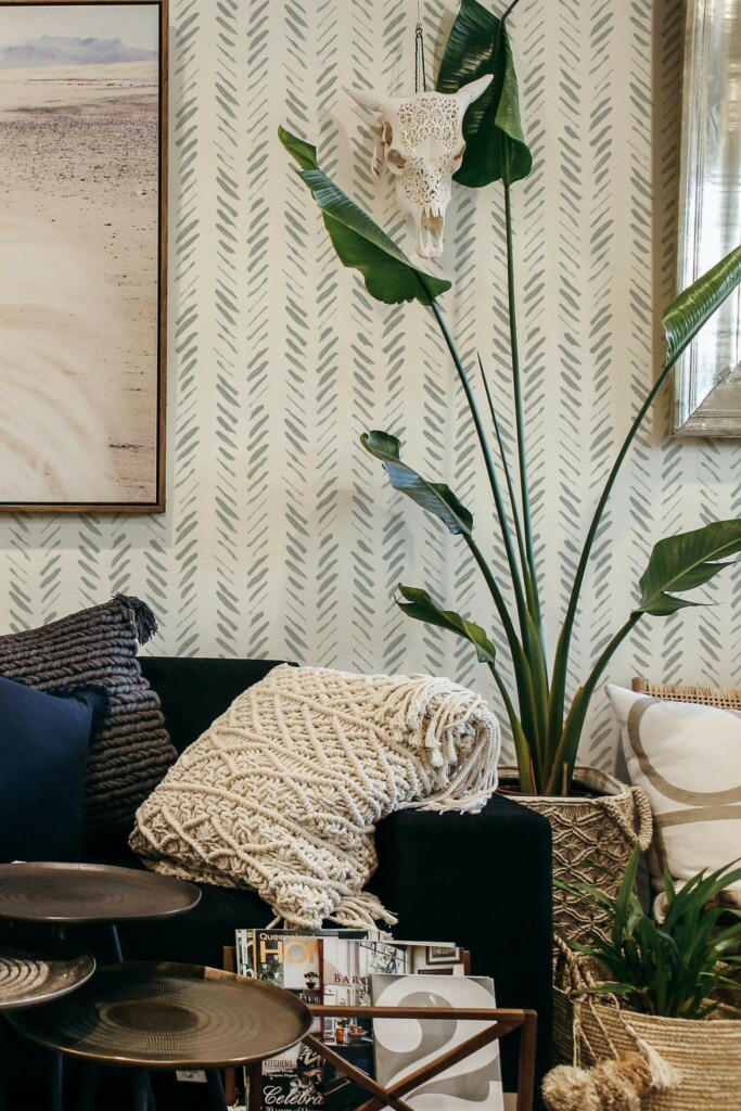 Scandinavian style living room decorated with Sage green herringbone peel and stick wallpaper