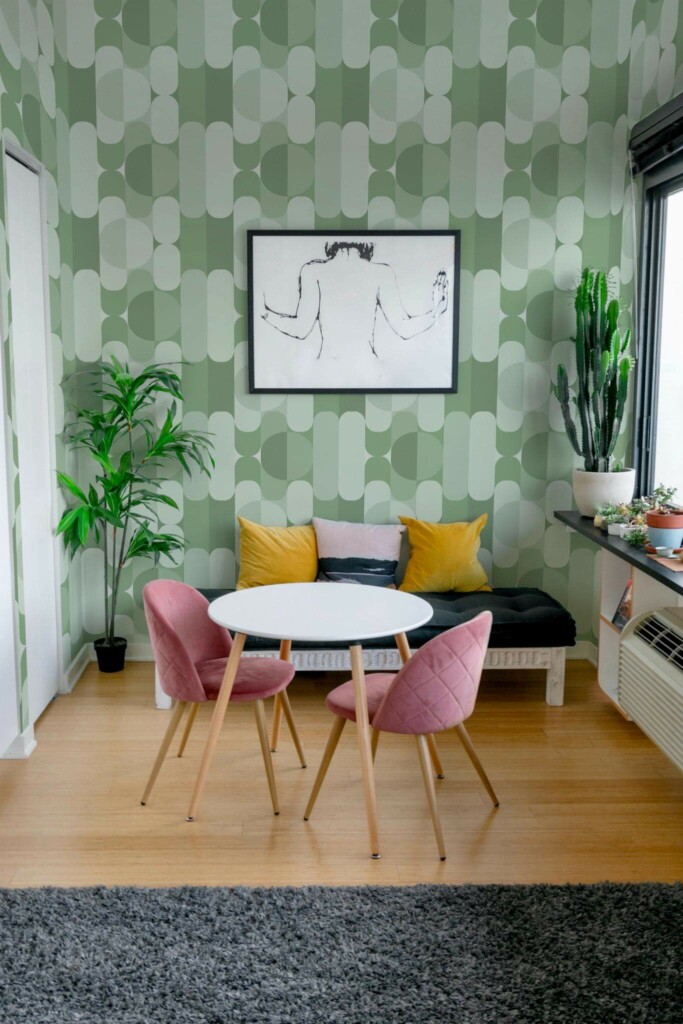 Eclectic style living room decorated with Sage green midcentury peel and stick wallpaper