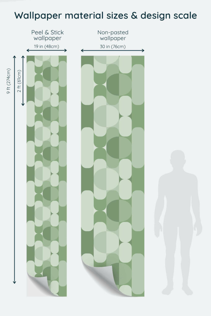 Size comparison of Sage green midcentury Peel & Stick and Non-pasted wallpapers with design scale relative to human figure