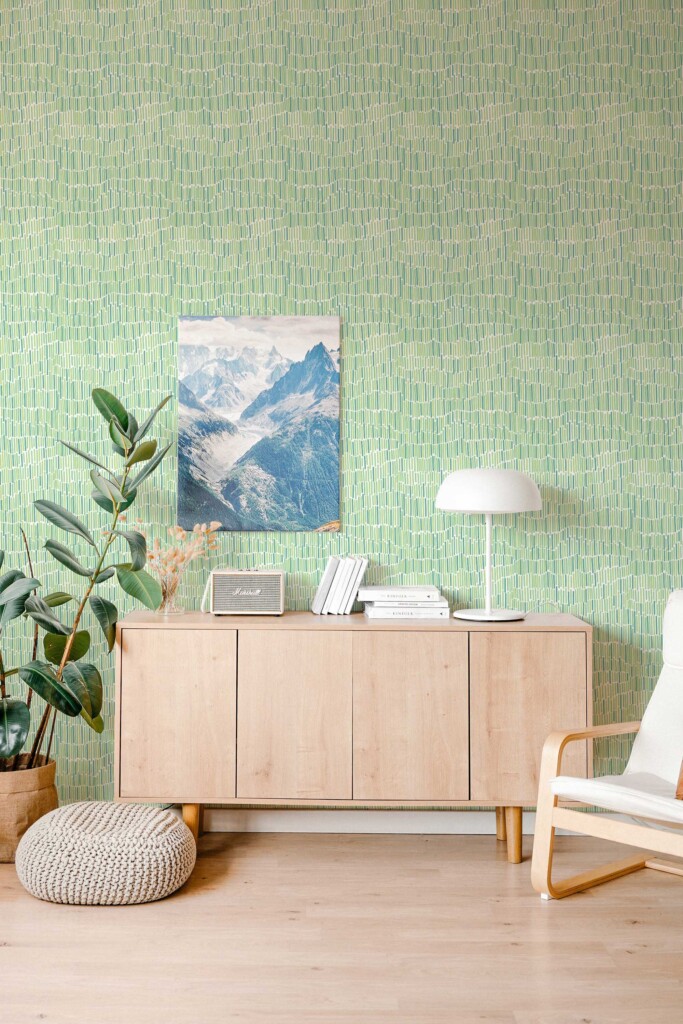 Fancy Walls traditional wallpaper in a soothing abstract green stroke pattern. Soft Sage Stripe Flow wallpaper on an accent wall in retro interior