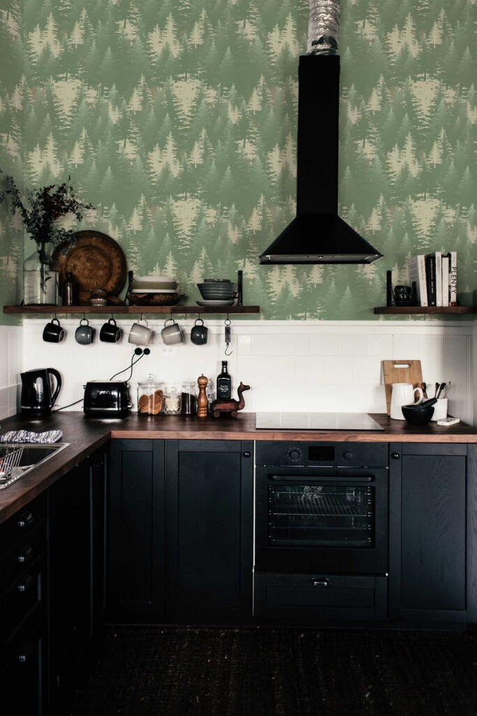 Fancy Walls peel and stick wallpaper in sage green plant and tree pattern for kitchen walls
