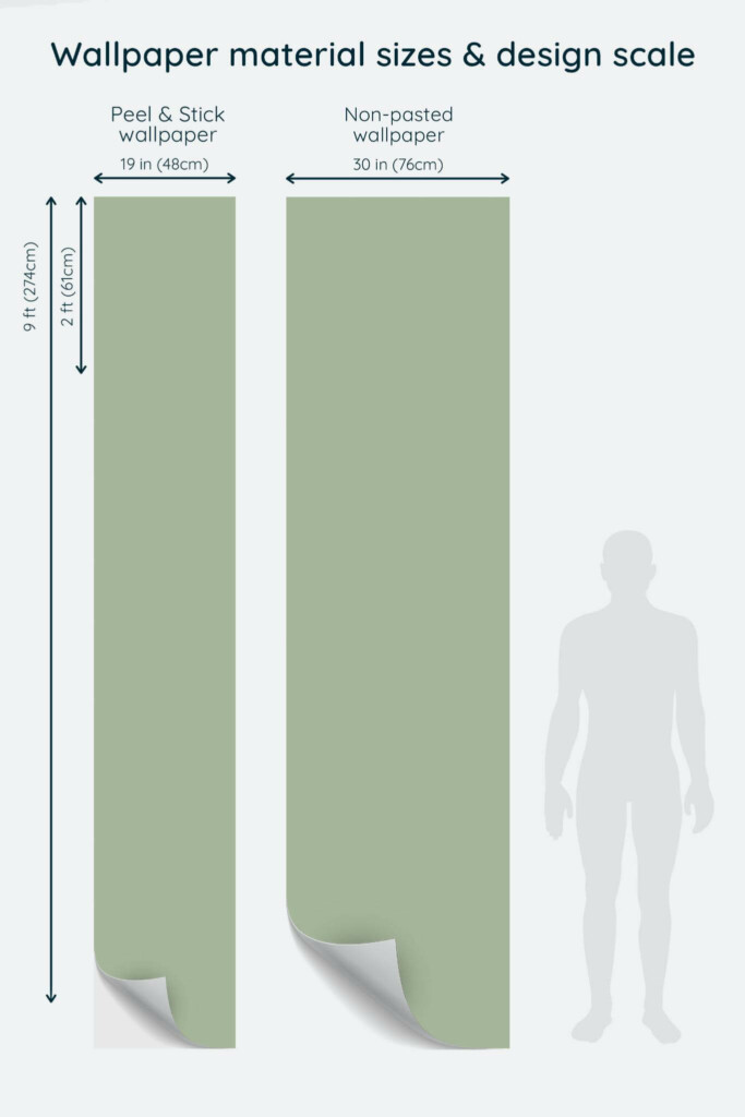Size comparison of Sage Green Solid color Peel & Stick and Non-pasted wallpapers with design scale relative to human figure
