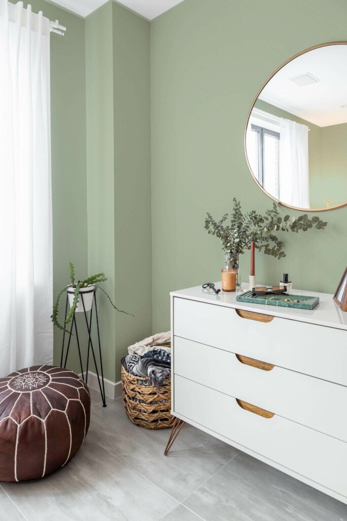 Scandinavian style bedroom decorated with Sage green tile peel and stick wallpaper and Mediterranean accents