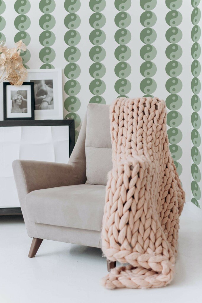 Boho style living room decorated with Sage green yin yang peel and stick wallpaper
