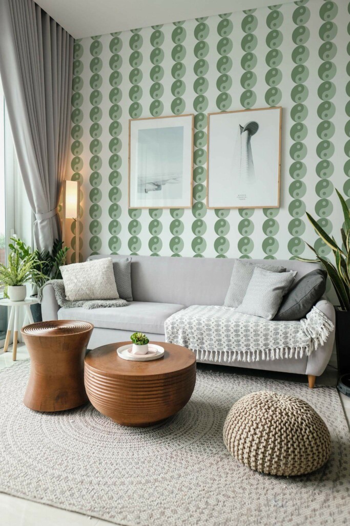 Modern scandinavian style living room decorated with Sage green yin yang peel and stick wallpaper and green plants